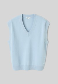 Pull sans manches bleu clair avec un col en V. Confectionné en tissu doux, avec des bords côtelés et une texture lisse.