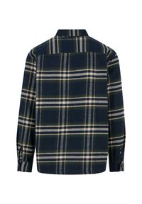 Granatowa koszula w kratę z zielonymi i białymi akcentami, z guzikami przy mankietach oraz klasycznym kołnierzykiem. Wykonana z miękkiego materiału o luźnym kroju. Widok z tyłu.