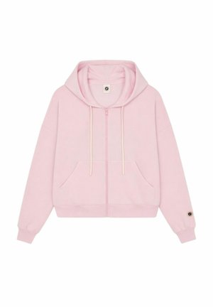 Sweat à capuche zippé rose clair avec poches avant, capuche ajustable avec cordon de serrage, poignets côtelés et petit logo circulaire sur le poignet de la manche gauche.