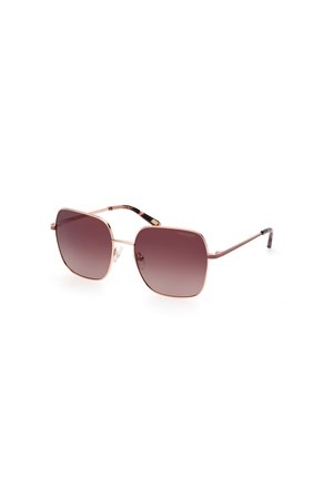 Occhiali da sole quadrati con lenti gradiente di colore rosa scuro e una sottile montatura in metallo color oro rosa. Presentano dettagli sofisticati sulle astine.