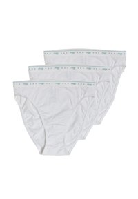Confezione da tre slip bianchi in cotone con una morbida cintura elastica caratterizzata da un logo "sloggi" di colore azzurro e piccoli motivi a stella.