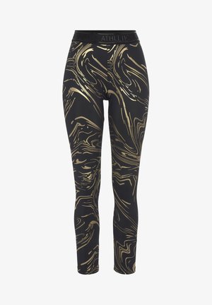 Black leggings with a swirled gold pattern. Made of stretchy material with an elastic waistband featuring the text "ATHL INC."
