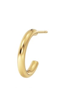Kultainen rengaskorvakoru, jossa on sileä, kaareva muoto. Minimalistinen muotoilu ja hienovarainen kiilto ilman lisäkuvioita tai korostuksia.