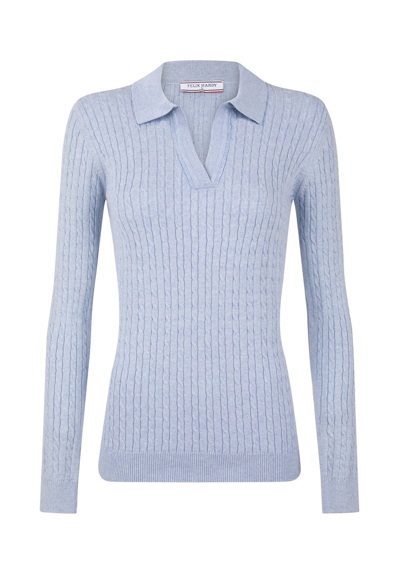 Hellblauer Strickpullover mit einem kragenlosen V-Ausschnitt. Hat lange Ärmel sowie gerippte Bündchen und Saum für eine figurbetonte Optik.