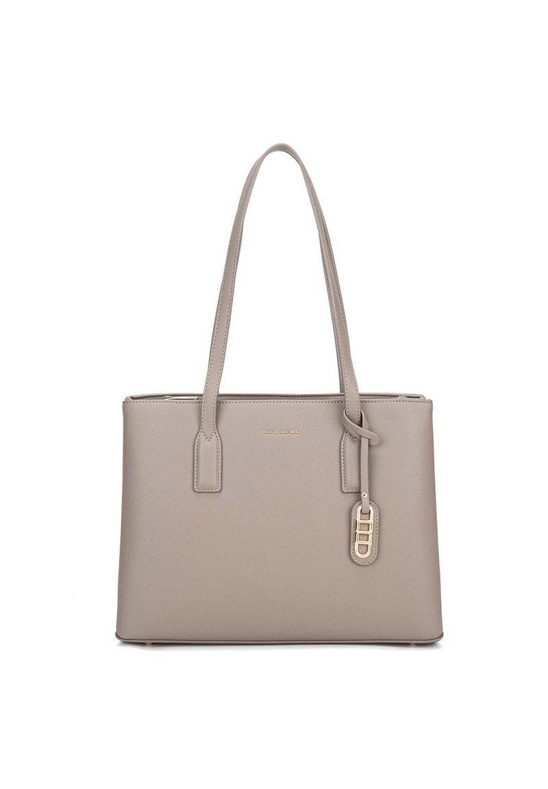 Borsa tote in finta pelle grigia con manici doppi, forma rettangolare elegante, hardware color oro e un'etichetta decorativa attaccata.