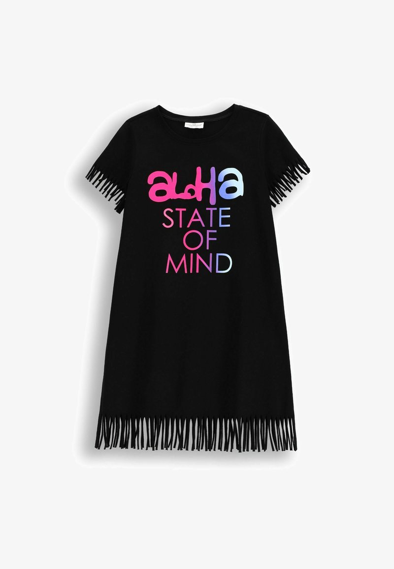 Czarna sukienka t-shirt z wielokolorowym napisem "ALHA STATE OF MIND". Posiada frędzle na rękawach. Miękka faktura materiału.