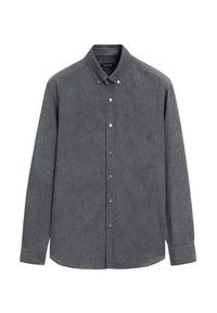 Donkergrijze langemouwen button-up shirt met een borstzak en een knoopkraag, plat weergegeven tegen een witte achtergrond.