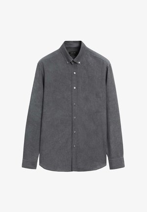 Dunkelgraues Langarm-Hemd mit Knopfleiste, einer Brusttasche und einem knöpfbaren Kragen, flach auf einem weißen Hintergrund präsentiert.