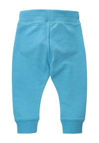 Hellblaue Sweatpants mit elastischem Bund und Manschetten. Hergestellt aus weichem Stoff, mit einer glatten Textur und einfachem Design.