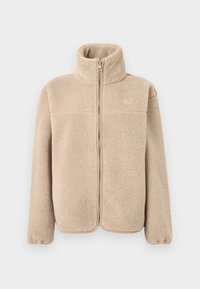 Μπεζ φλις μπουφάν με ψηλό γιακά και πλήρη φερμουάρ. Διαθέτει μαλακή υφή, μακριά μανίκια και απλή σχεδίαση. Χωρίς ορατά σχέδια ή διακοσμήσεις.