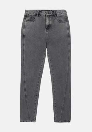 High-waist grey denim jeans with front pockets, belt loops, and tapered legs, laid flat on a light background.