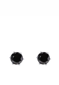 Black faceted stud earrings with silver-tone metal settings, featuring six prongs holding each stone securely. Round shape, polished surface.