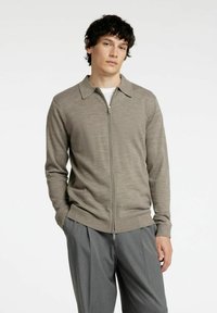 Svetlo rjava zip-up pulover s ovratnikom, rebrastimi manšetami in robom. Uporabljen preko bele majice, v kombinaciji s sivo krilom. Gladka tekstura.