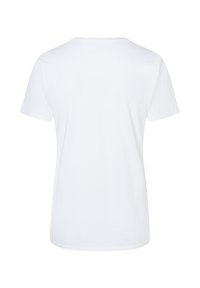 T-shirt bianca in cotone con maniche corte, colletto girocollo e una texture liscia. Senza stampe o grafica; vista posteriore semplice.