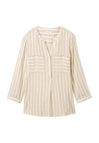 Blouse à manches longues beige et blanche avec des rayures verticales, deux poches poitrine devant, et un décolleté en V sans col.