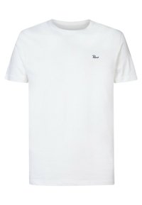 Hvid bomulds t-shirt med korte ærmer og rund hals. Har et lille blåt broderet logo på venstre bryst. Enkel og klassisk design.