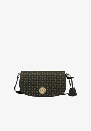 Borsa a tracolla in materiale nero testurizzato, con un motivo a logo ripetuto in oro, una patta anteriore e un accento in hardware circolare dorato.