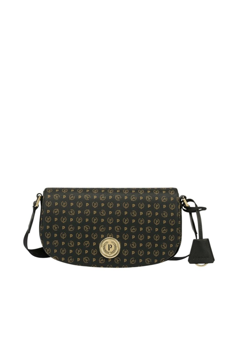 Borsa a tracolla in materiale nero testurizzato, con un motivo a logo ripetuto in oro, una patta anteriore e un accento in hardware circolare dorato.