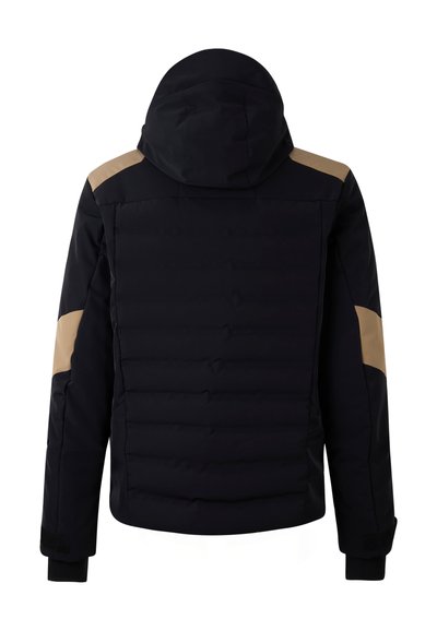 Schwarze gepolsterte Jacke mit Kapuze, die beigem Schulter- und Ärmelsaum, gesteppten Textur und elastischen Bündchen an den Handgelenken zeigt. Rückansicht.