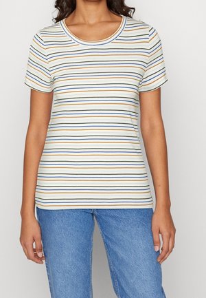 Koszulka z krótkim rękawem i okrągłym dekoltem w kolorze białym, z pionowymi paskami w kolorach niebieskim, pomarańczowym i żółtym. Gładka bawełniana tkanina o dopasowanym kroju.