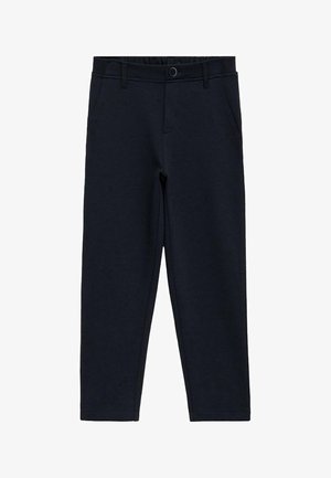 Marineblauwe broek van een textuurstof, met een knoopsluiting, elastische tailleband en twee voorzakken. Rechte pasvorm.