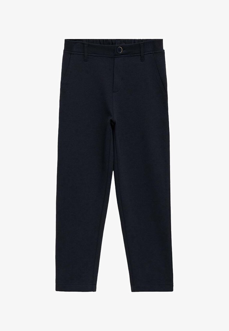 Mornarji modri hlače iz teksturirane tkanine, z zapenjanjem na gumb, elastičnim pasom in dvema sprednjima žepoma. Naravna krojena zasnova.