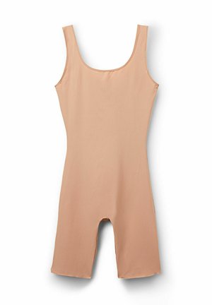 Nagi, bezrękawny bodysuit wykonany z gładkiego, elastycznego materiału. Posiada okrągły dekolt i skrócone nogawki z minimalną ilością szwów.