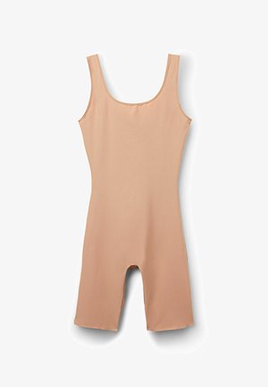 Tělový, bezrukávový bodysuit vyrobený z hladkého, pružného materiálu. Obsahuje výstřih ve tvaru lodičky a zkrácené nohavice s minimálními švy.