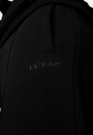 Black hoodie featuring soft fabric, ribbed detailing, and an "ESTEEM" logo in dark gray on the side. Design includes a front pocket.