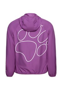 Paarse jas met capuchon, met een groot wit pootafdrukontwerp op de rug. Gemaakt van glad, lichtgewicht materiaal. Elastische manchetten.