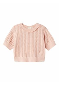 Maglione cropped rosa chiaro con maniche corte, caratterizzato da una texture a coste e piccoli ritagli decorativi. Collo rotondo con bordi ondulati.