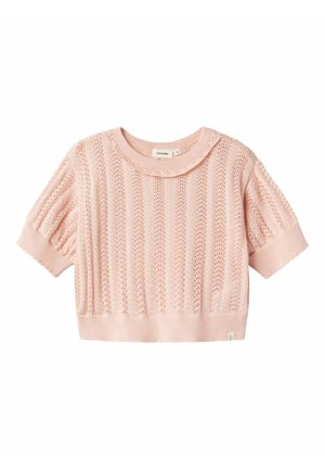 Lichtroze cropped trui met korte mouwen, met een ribbelstructuur en kleine uitsnijdingen. Ronde halslijn met golvende randen.