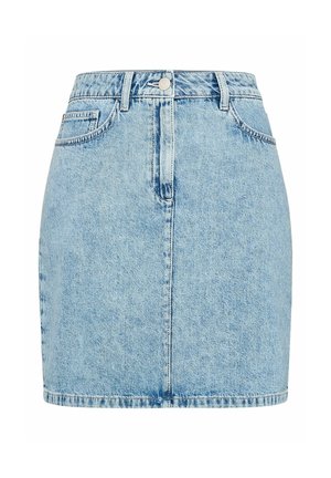 Světle modrá džínová mini sukně s předními knoflíky, zapínáním na zip, poutky na pásek a předními kapsami, zobrazena na bílém pozadí.