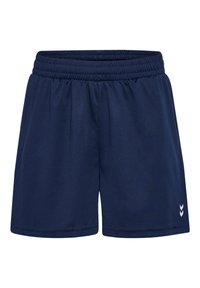 Marinblå sportshorts med elastisk midja, tillverkade av lätt tyg och med en diskret chevron-logotyp på ena sidan.