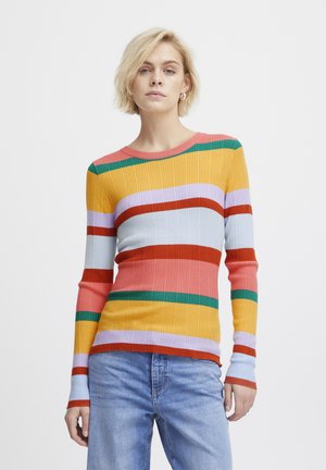 Pull à côtes multicolores avec des rayures horizontales en rose, bleu, vert, jaune et rouge. Il présente des manches longues et un col rond.