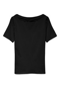 Czarny T-shirt z krótkim rękawem i szerokim dekoltem, wykonany z miękkiego materiału, o prostym wzorze i gładkiej, matowej fakturze.