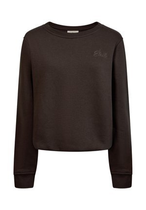 Donkerbruine sweatshirt met lange mouwen en ronde hals, met geribde manchetten en een klein geborduurd logo op de bovenste linkerborst.
