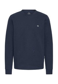Marine crewneck sweatshirt lavet af struktureret stof. Har et lille hvidt logo på brystet og ribstrikkede manchetter og kant.