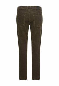 Brown cotton trousers with a slim fit, featuring two back pockets and a small tag on the waistband. Smooth texture and streamlined design.