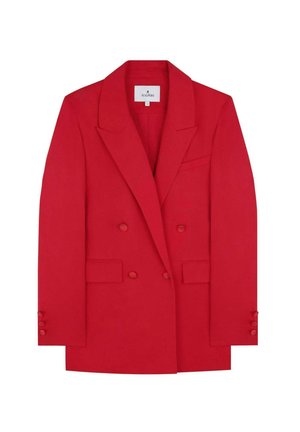 Červený dvouřadý blazer vyrobený z hladkého materiálu, s špičatými klopami, dvěma předními kapsami a knoflíkovými manžetami. Značka: SCALPERS.
