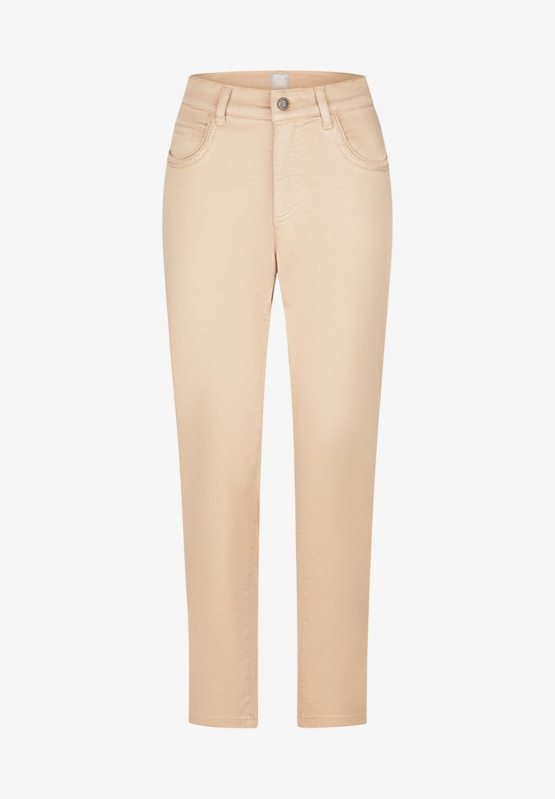 Beige Hosen aus glattem Stoff; verfügen über zwei Vordertaschen, einen Knopfverschluss und gestickte Details entlang der Taschen und Nähte.