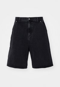 Black denim shorts feature a relaxed fit, standard five-pocket design, and metal button closure. Smooth texture with minimal fading.