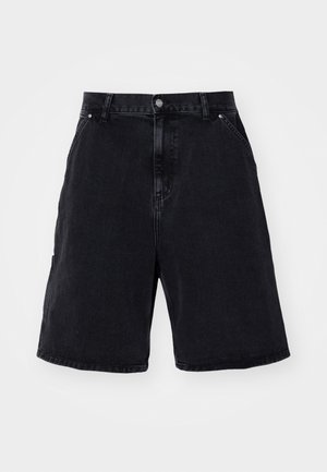 Black denim shorts feature a relaxed fit, standard five-pocket design, and metal button closure. Smooth texture with minimal fading.