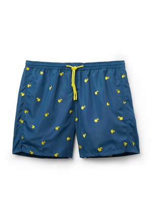 Shorts de bain pour homme, en tissu bleu, avec une taille élastique et un cordon de serrage jaune, ornés de petits motifs de coquillages jaunes et noirs.