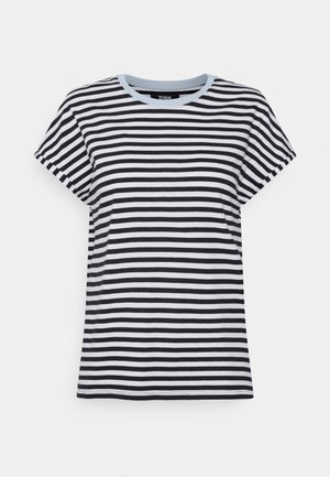 Black and white horizontal striped short-sleeve T-shirt with light blue round neckline, displayed on a white background.