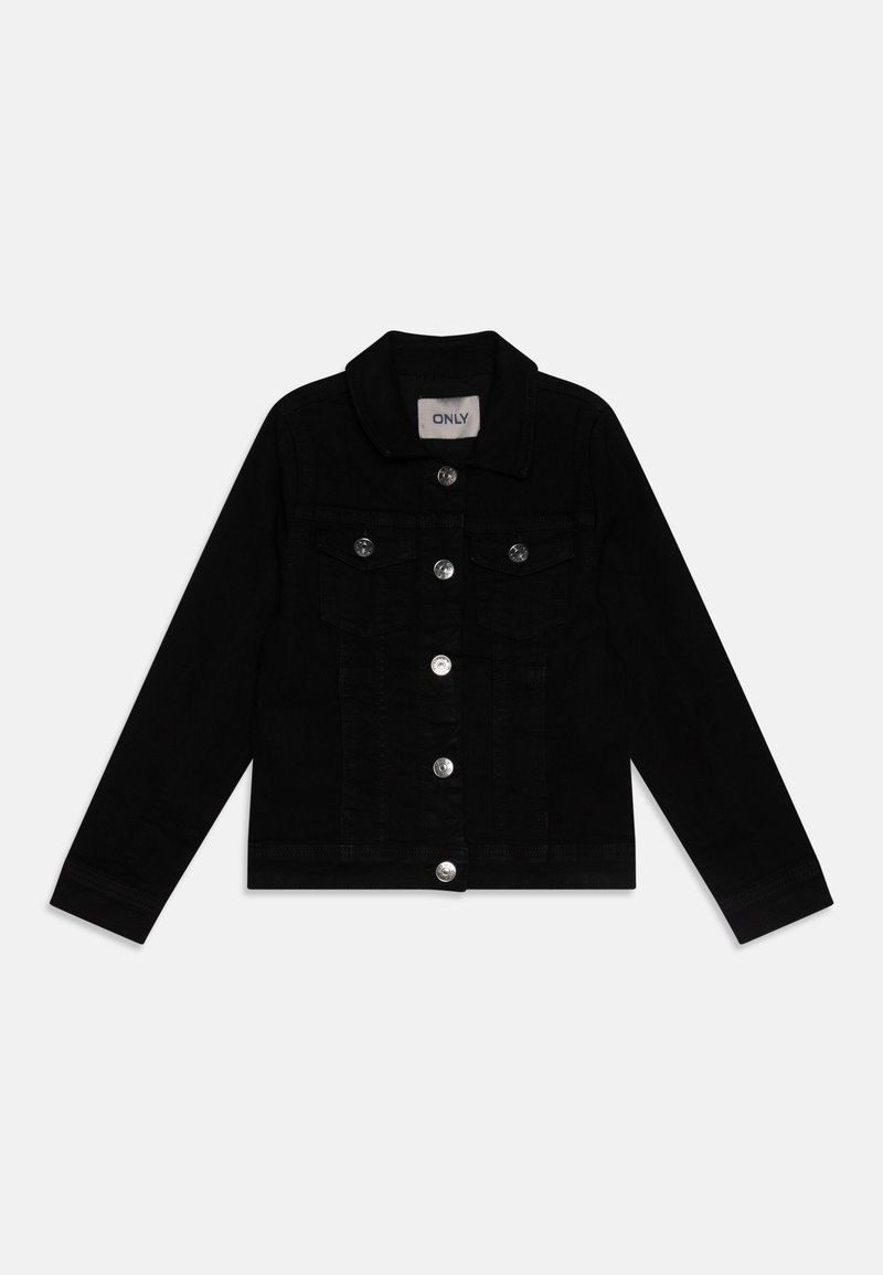 Casaco de ganga preto com colarinho, mangas longas, fecho frontal com botões, dois bolsos no peito e detalhes em botão prateado.