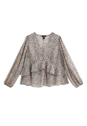 Blusa floreale con maniche lunghe, scollatura a V e orlo a peplo. Realizzata in tessuto leggero e decorato in tonalità rosa chiaro e nero.