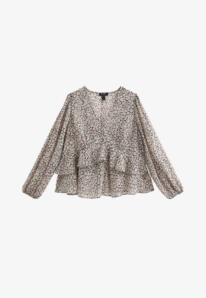 Floral blouse with long sleeves, v-neckline, and a peplum hem. Made of lightweight, patterned fabric in light pink and black hues.