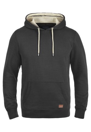 Temno siva kapuca iz mešanice bombaža, z dvema žepoma, kapuco s vrvico v kremni barvi in majhnim usnjenim oznakom.