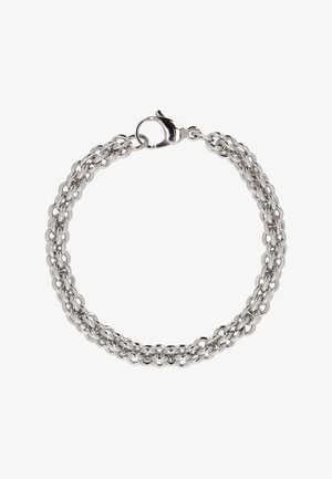 Ezüst lánc karkötő szőtt mintával, amelynek karabiner zárja van. Simább fémes felület és kerek láncszemek jellemzik.